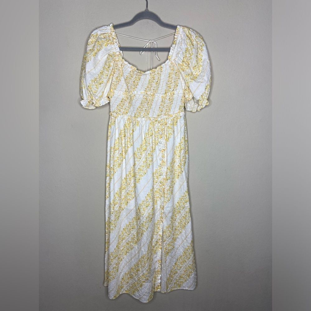 For Love & Lemons Lucie Midi Yellow White Dress Smocked Size S - Picture 7 of 8
